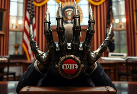 doctor claw in the oval office, real photograph, inspector gadget style, photorealistic, correct hands, correct fingers, presidential seal, vote button, campaign photo, election, elegant scene, facing away, sitting, metal arm, spikes