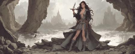 detailed digital illustration of windswept castle ruins, sorceress Emma Watson, masterpiece, art by card-style