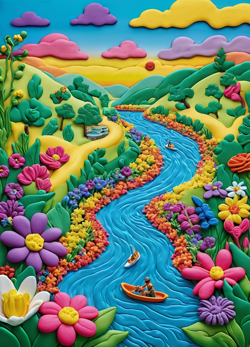 play-doh style, river, flowers, extremely detailed, colorful