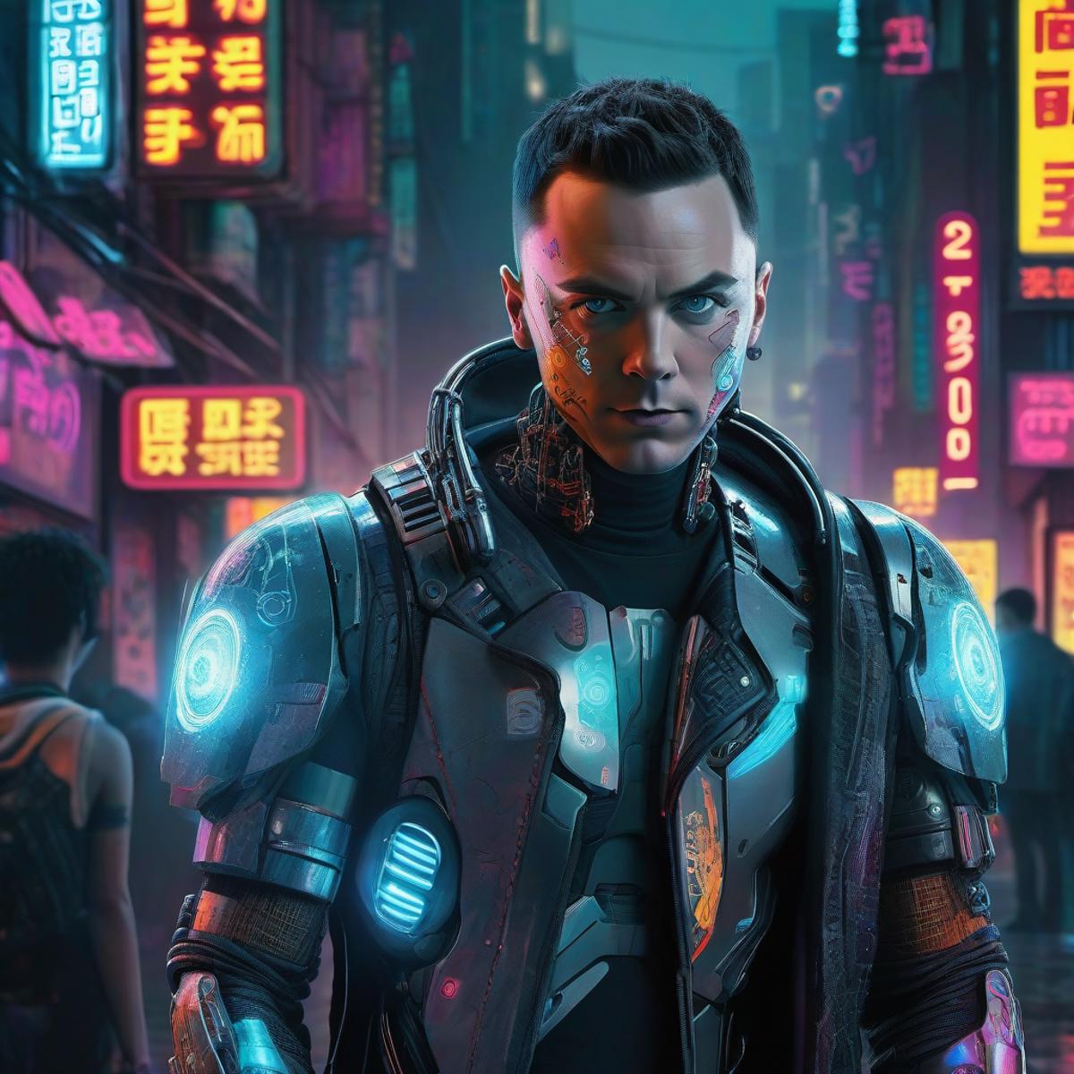 Futuristic Cyborg Man in Black and Silver Suit with Glowing Blue and Orange Orbs on Shoulders, Standing in a City with Neon Signs.