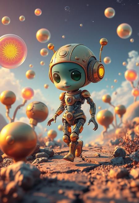 Bright, vibrant colors: adorable, charming figure walking through a surreal biomechanical landscape.  Floating spheres, glowing orbs, infinite sky, organic and mechanical fusion, gold, blue, bronze hues, lively and energetic.