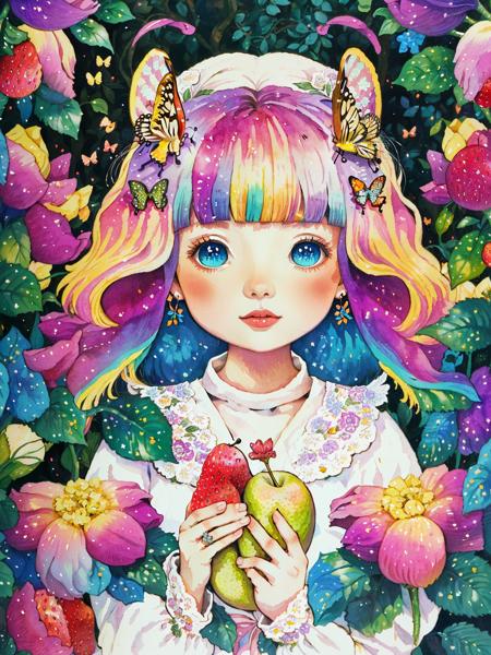 (((portrait))) ,(((masterpiece))),(((best quality))), ((ultra-detailed)), (illustration), ((an extremely delicate and beautiful)),floating, (beautiful detailed eyes), (detailed light),(((fruit))),flowers,(((((colorful))))),garden,by alan lee,colorful background,forest,bird,butterfly,<lora:mkru:1>mkru chibi