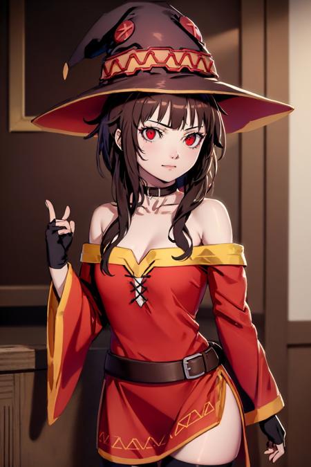 <lyco:style_datcravat-10:1.0>, cowboy shot, solo, 1girl, megumin, closed mouth, looking at viewer, brown hair, witch hat, red eyes, red dress, off-shoulder dress, thighhighs, black fingerless gloves, choker