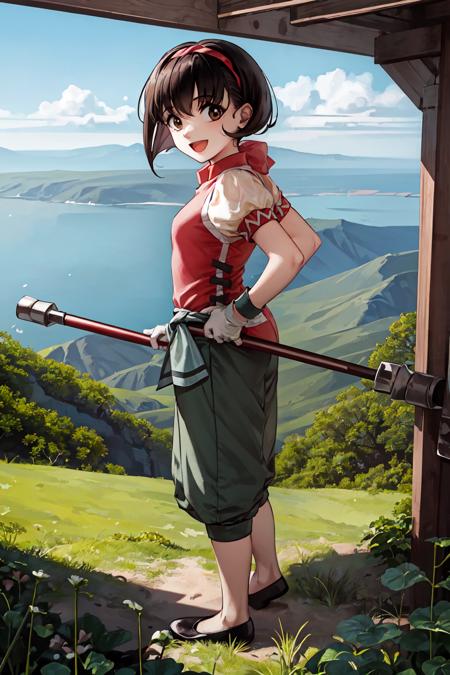 <lora:nanami_suikoden_face:0.77>, 1girl, solo, short hair, brown hair, look at viewer, ((masterpiece)), (best quality), 1girl, alone, bridge, grass, focused, close angle, grabbing, smile, detailed, anime, brown eyes, gloves, hairband, hand on hip, open mouth, standing, looking at viewer, shoes, pants, short sleeves, puffy sleeves, black hair, flats, holding, :d, puffy pants, capri pants, puffy short sleeves, ribbon, no socks, shirt, chinese clothes, wristband, wrench, bangs, hair ribbon, baggy pants, staff, white gloves, black footwear, colorful, green pants, from behind, full body, standing, cliff, mountain, ocean,  looking away, looking at another, looking to the side