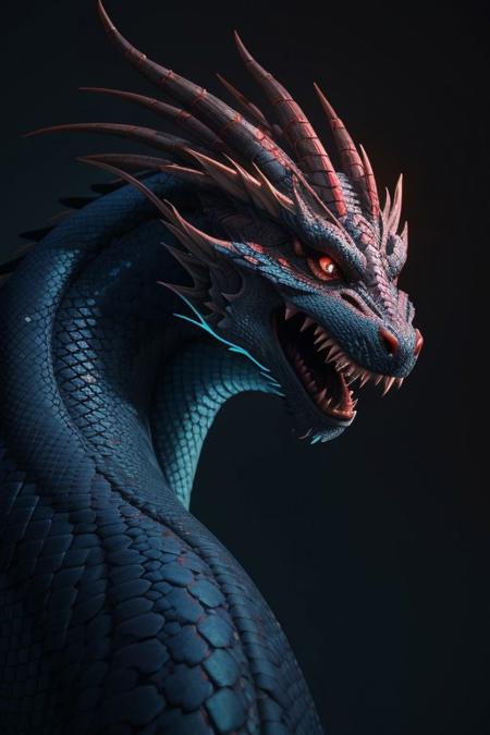 Asian dragon,  Blue snake gradient vibrant neon color, rough, textural, broad brush strokes, red color prominent detailed, alienzkin, silhouette, spotlight, dark theme, c4d, blender, raytracing, unreal engine 5, render 3d, face close up, Red background, simple background,