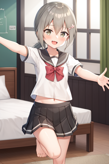 minowagin, hairclip, ponytail,, POV, curtains, 1girl, school uniform, solo, window, skirt, serafuku, pleated skirt, smile, indoors, barefoot, open mouth, v, standing on one leg, navel, standing, hair between eyes, looking at viewer, short sleeves, blush, bow, :d, bangs, sailor collar, outstretched arm, white shirt, flower, grey skirt, photo \(object\), red bow, shirt, bed, paw print, midriff, day, fang, leg up