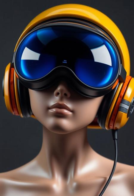 The figure's head is encased in a streamlined helmet, predominantly yellow with black accents. The helmet appears highly polished, with a smooth, almost glossy finish. Integrated into the helmet are large, circular, reflective lenses that cover the eyes entirely. The lenses glow with blue hue, giving off a cool, futuristic aura. These oversized goggles suggest an augmented reality or heads-up display function, typical of high-tech environments. Around the figure’s ears are sleek, futuristic headphones, which are seamlessly built into the helmet design. These headphones are primarily orange with grey, horizontal stripes along the side, indicating an interface for communication or audio enhancements. The skin tone appears smooth and artificial, hinting at synthetic or modified human characteristics