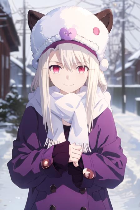 best quality, masterpiece, highres, solo, {illyasviel_von_einzbern_fatestaynightufotable:1.15}, long_hair, white_hair, red_eyes, bangs, hair_between_eyes, 1girl, closed_mouth, fur_hat, hat, papakha, portrait, purple_headwear, scarf, white_scarf, looking_at_viewer, anime_coloring, coat, smile