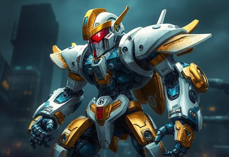 The Deepsea Warrior robot, with a white and gold head, red visor, and blue and gold accents on its arms and legs, stands powerfully against a dark city backdrop. Its dynamic, action-ready pose, vivid colors, and high-quality details create a captivating and lifelike image, with exceptional clarity and sharpness. This intricate, multi-colored depiction boasts harmonious contrast, a stunning matte painting style, and vibrant emotions, reminiscent of Raphael and Houdini aesthetics. Found on CGSociety and trending on Artstation, this masterpiece exemplifies beautiful eye details, dynamic lighting, and a joyful, powerful message.