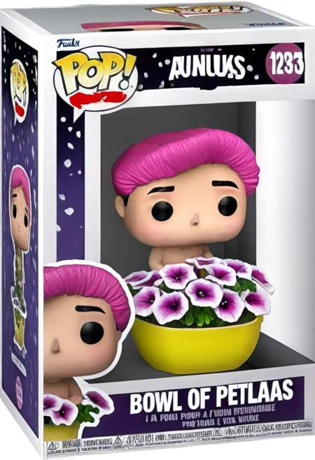 Funko Pop, A bowl of petunias in a Funko Pop box, English text