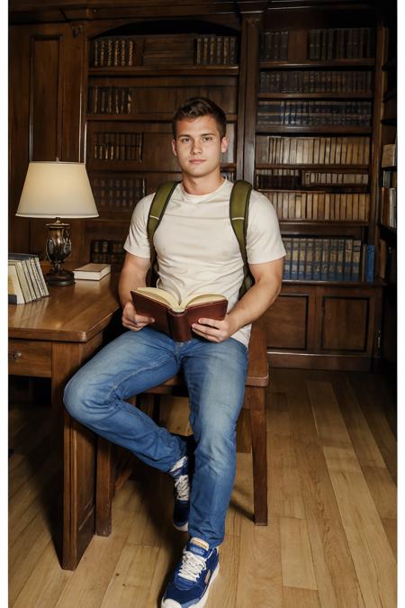 an ornate cavernous reading room of a large collegiate library, wooden tables, desk lamp on table, sitting on chair behind table, HaydenRichards, reading an open book, wearing t-sirts, khaki pants, sneakers, backpack on table, masterpiece, ((full body portrait)) <lora:HaydenRichards:0.8>