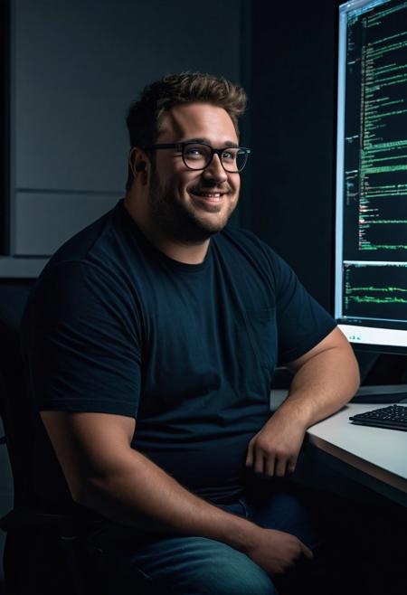 ((cinematic hazey atmosphere, romantic movie, romance film, arthouse film)), ((dark, night nighttime, dark background, shadows)), Tanned chubby 30 year old German man, wearing a black t-shirt and blue jeans, light brown messy hair, glasses, stubble, doublechin, broad face, blue green eyes, big fat arms, big neck, big belly, (nerd, programmer, coder), gentle smile, (sitting in dark office at night while programming on a high-tech computer),