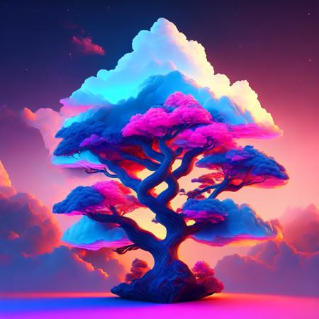 (neontreehouse style:1) a computer generated image of a tree with clouds in the background <lora:djzNeonTreehouseV21_LoraBooth:1>