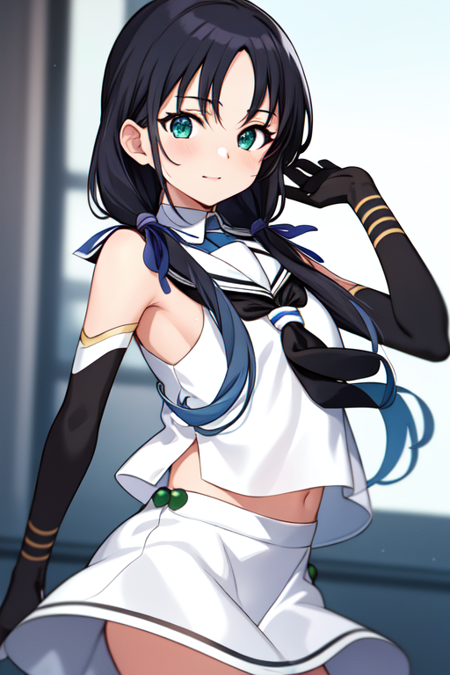 suzukazeKC, blue ribbon,twintails, hair ribbon, cowboy shot, white serafuku, sleeveless, sailor collar,white skirt, black neckerchief,elbow gloves,black gloves,shirt collar