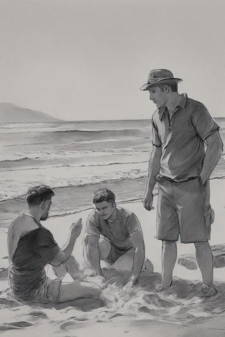 <lora:SKETCHY_JBX:0.6> SKETCHY_JBX  A sketch of three men making a sandcastle on a beach