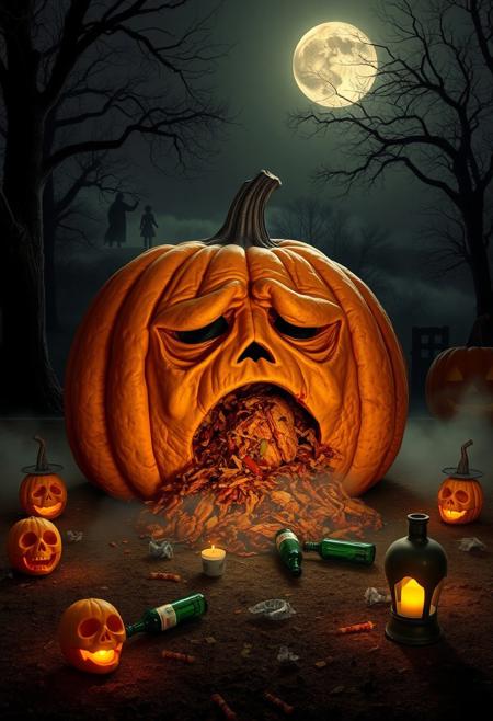 Enormous orange pumpkin with a tired, worn-out expression, sitting on the ground as it vomits its own pumpkin guts. Empty beer bottles scattered around, as if it just had a long night of drinking. Surrounding the pumpkin are spooky Halloween elements: glowing jack-o’-lanterns, eerie fog creeping along the ground, flickering candles inside skull-shaped lanterns, and a few scattered candy wrappers. A full moon casts a dim light over the scene, with creepy shadows from nearby trees and faint ghostly figures in the distance, enhancing the eerie Halloween vibe