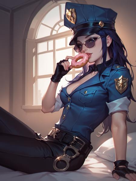 OfficerCaitlyn, 1girl, solo, long dark purple hair, police hat, police jacket, rolled up sleeves, fingerless gloves, black pants, black boots, black sunglasses OfficerCaitlyn, 1girl, solo, long dark purple hair, police hat, black bra, blue crop top, midriff, fingerless gloves, short police skirt, black boots, black sunglasses sniper rifle