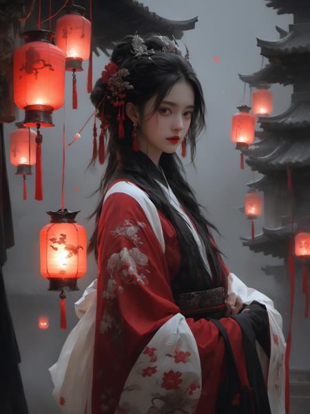 (dramatic, gritty, intense:1.4),masterpiece, best quality, 32k uhd, insane details, intricate details, hyperdetailed, hyper quality, high detail, ultra detailed, Masterpiece,
Epic CG masterpiece, yssk's new concept, this female is dressed in Hanfu and holding a red lantern, in the style of nick alm, necronomicon illustrations, hyper-realistic portraits, xiaofei yue, uniformly staged images, flat yet expressive, goth
1girl, (full body:1.5),
 <lora:XL~Q?-_Bpo:0.7>