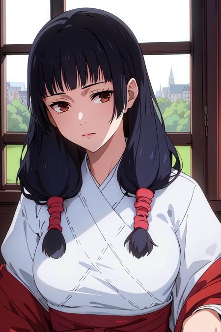 masterpiece, ((ultra detailed background, delicate pattern, intricate detail)), (highly detailed, fine details), best quality, beautiful lighting, ((medium breasts, slim girl)), Utahime, 1girl, solo, black hair, long hair, brown eyes, japanese clothes, twintails, miko, blunt bangs, red hakama, complex detailed background, inside, castle room environment, medieval castle, gray walls, window, bookshelf, (close-up, portrait), <lora:Utahime:0.75>