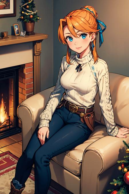 masterpiece, best quality,  <lora:yslaxia-nvwls-v1-000009:0.9> ysLaxia, hair ribbon, white sweater, black pants, belt, fireplace, christmas tree, couch, sitting, smile