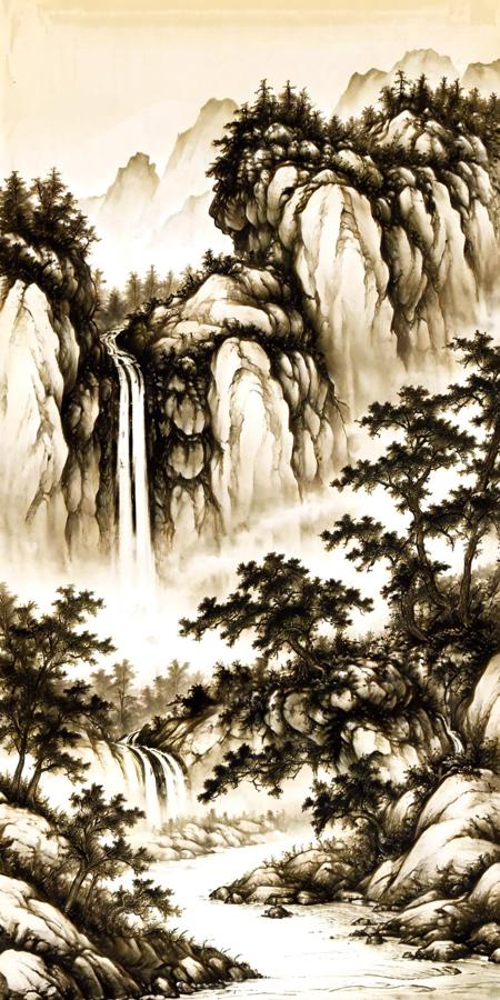 hezi, landscape painting, ancient painting texture, no humans, monochrome, scenery, tree, water, mountain, outdoors, waterfall, greyscale, nature, traditional media, river, landscape, bridge, plant, forest, grass, sky, sepia, cliff, spot color<lora:å±±æ°´ç»-000018:0.6>