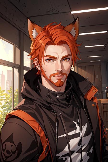 Roiadan Vanzey,  Osenayan , (masterpiece,  best quality),  animal ears,  solo,  facial hair,  1boy,  male focus,  fox ears,  orange hair,  indoors,  beard,  stubble,  looking at viewer,  lips,  upper body,  brown eyes,  nose,  jacket,  cosplay,  rule of thirds, <lora:EMS-49410-EMS:0.500000>