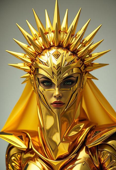 lady in gold and chromeveils her face and has a large golden spiked crown, in the style of celestial fashion, otherworldly beauty, gundam, golden age aesthetics