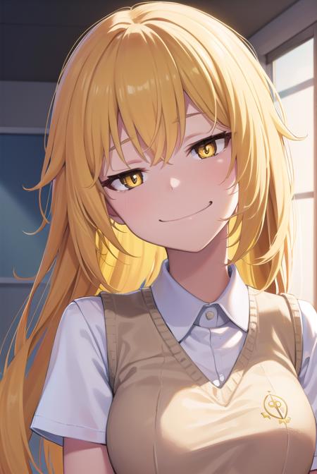 misakishokuhou, <lora:misakishokuhou-lora-nochekaiser:1>, 
misaki shokuhou, blonde hair, hair between eyes, long hair, (symbol-shaped pupils:1.5), (yellow eyes:1.5), (medium breasts:1.2), <lora:smirkingeye_v100:1>, <lora:smirkingmouth_v100:1>, smile,
BREAK elbow gloves, gloves, school uniform, short sleeves, summer uniform, sweater vest, tokiwadai school uniform, white gloves, (light brown sweater vest:1.2),
BREAK looking at viewer, upper body,
BREAK indoors, classroom,
BREAK <lora:GoodHands-vanilla:1>, (masterpiece:1.2), best quality, high resolution, unity 8k wallpaper, (illustration:0.8), (beautiful detailed eyes:1.6), extremely detailed face, perfect lighting, extremely detailed CG, (perfect hands, perfect anatomy),