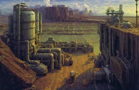 (impressionism:1.15), salt flat, Cliff/Bluff, industrialism, (john harris:1.1), rural, scene painting,a painting,scenery, plant,tree,robot,2d game scene,scenery,night, <lora:å·¥ä¸è¸æ±½:0.7>,