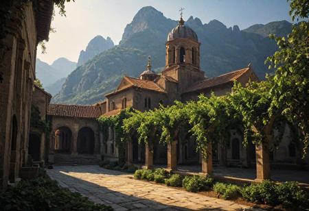 Epic landscape, exceptional quality, masterpiece, extremely detailed, professional art, professional painting, extremely delicate and beautiful, dynamic, superb lighting, perfect shading, professional shading, depth of field, soft sidelight, elegant, magnificent, highly detailed, long shot, uncropped, pure genius, absolutely perfect, breathtaking,
Steel Vine Monastery