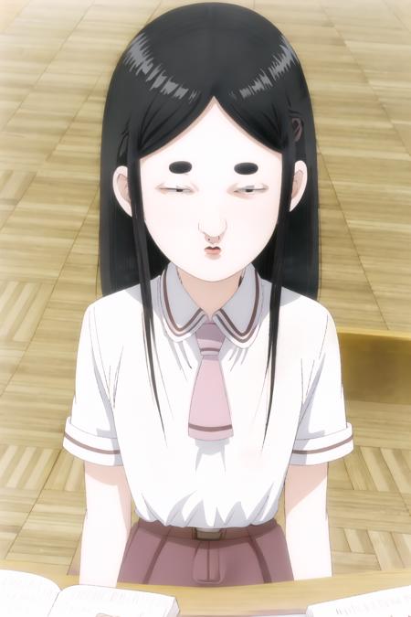 ((best quality)),((highly detailed)),masterpiece,absurdres,detailed face,beautiful face,(detailed eyes, deep eyes),(1girl),((dynamic pose)),    <lora:fujiwara-30:1>fujiwara, 1girl, solo, book, black hair, school uniform, long hair, shirt, thick eyebrows, open mouth, bookshelf, ascot, skirt, library, short sleeves, belt, necktie, black eyes, white shirt, table, collared shirt, indoors, sitting, lower body, bangs, brown skirt,