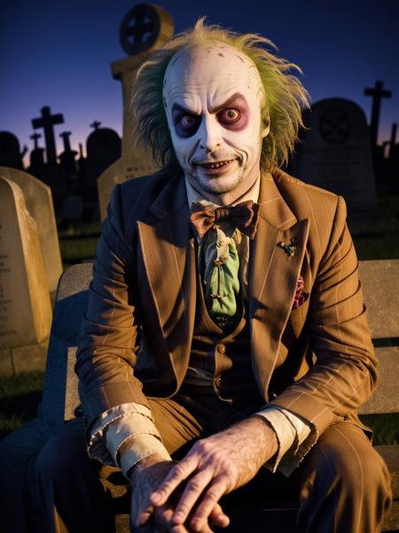 <lyco:beetlejuice_v2.0:1> beetlejuice, in a spoky cemetary, sitting on a bench, wearing a striped suit, sharp, amazing, bokeh, canon dslr, realistic, night light