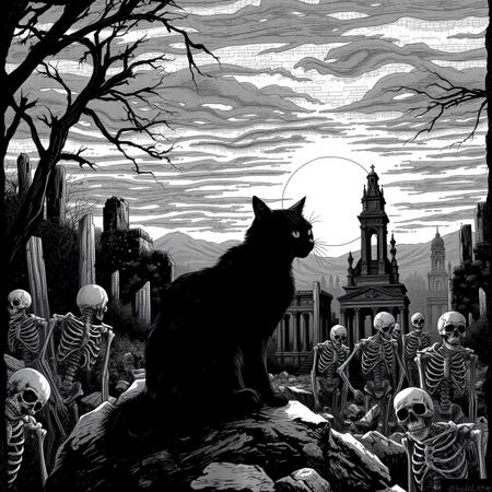 ((black cat looking at the moody sunrise)) BREAK, nature, dappled light, post apocalypse, ruined city, skeletons, ancient ruins, nature, gorgeous masterpiece (black and white ink illustration)