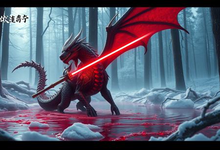 Create a highly detailed, cinematic, and lifelike image of a Dragon Knight Draco-Equiste, inspired by the styles of Artgerm, Greg Rutkowski, Alphonse Mucha, and Loish, with the following elements: standing in a pool of red juice, with red juice on its body, surrounded by snowing frozen ice, holding a red light saber, and incorporating elements of beings of light technology and kuntilanak. The image should be captured in the woods, with a dark atmosphere, and a smooth, sharp focus. Utilize Unreal Engine 5, Photorealism, 8k resolution, and cinema 4d to achieve a high-quality, professional digital painting. Ensure adherence to the golden ratio, micro details, and intricate details, with a clear color and clear parts. The final image should be trending on artstation, with a cinematic and beautiful outcome.