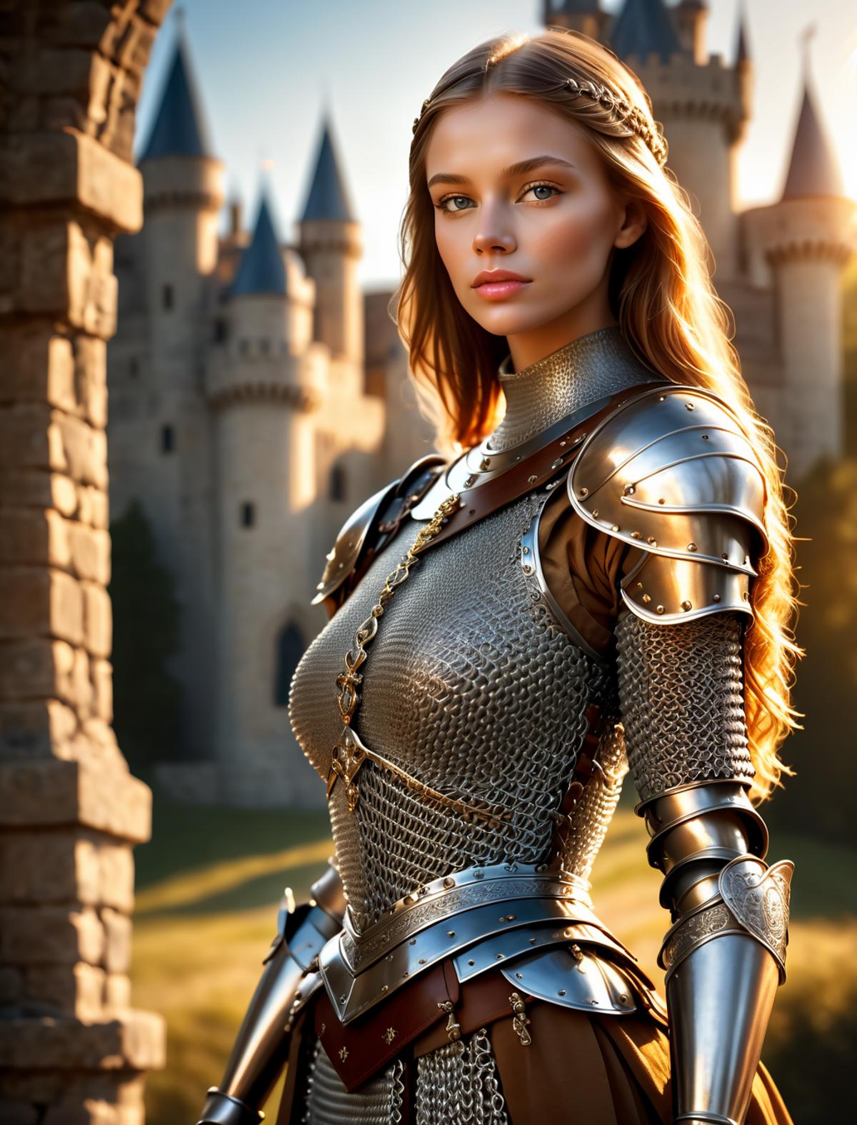 A woman in a chain mail dress stands in front of a castle.