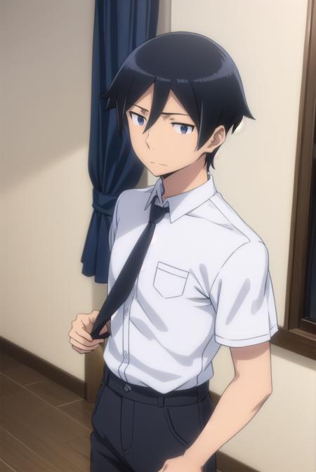 kyousukekousaka, <lora:kyousuke kousaka s2-lora-nochekaiser:1>,
kyousuke kousaka, black hair, male focus, (black eyes:1.5),
BREAK shirt, school uniform, white shirt, short sleeves, necktie, black necktie,
BREAK indoors, classroom,
BREAK looking at viewer, (cowboy shot:1.5),
BREAK <lyco:GoodHands-beta2:1>, (masterpiece:1.2), best quality, high resolution, unity 8k wallpaper, (illustration:0.8), (beautiful detailed eyes:1.6), extremely detailed face, perfect lighting, extremely detailed CG, (perfect hands, perfect anatomy),