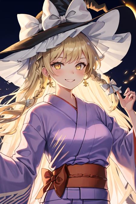 best quality, masterpiece, highres, solo, {yukata:1.40}, {kimono:1.20}, {kirisame_marisa_touhou:1.15}, blonde_hair, long_hair, hat, witch_hat, bow, yellow_eyes, braid, single_braid, hat_bow, smile, hair_bow, white_bow, bangs, black_headwear, upper_body