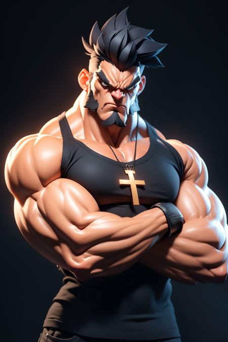 3dmm style,masterpiece, best quality,an angry muscular black guy wearing black tank top with a cross necklace and a cross on his arm, black background