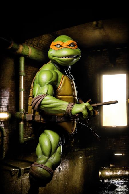 <lora:TMNTMichelangelo-10:0.8>(RAW photo, real life, absurdres, high quality, photorealistic, detailed, realistic:1.3), (solo:1.3), a high resolution photo of a TMNTMichelangelo, a teenage mutant ninja turtle with an orange bandana mask with eye-holes holding a pair of nunchucks standing in a sewer interior,  fight stance pose, pipes and sewer interior and sewer water in background, cinematic, atmospheric, 8k, realistic lighting, shot by Hassleblad H6D, Zeiss, Kodachrome, nikon, 50mm 1.2 lens, Octane Render, ultra realistic, realistic lighting, photorealistic, photorealism, photoreal, unreal engine 5, Adobe After FX, highly detailed, intricate detail