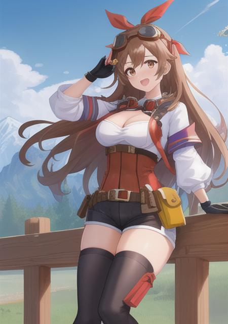 masterpiece, best quality, 1girl, amber \(genshin impact\), boots, breasts, brown eyes, brown hair, cleavage, upper body, gloves, goggles, goggles on head, hair ribbon, hand on hip, long hair, looking at viewer, medium breasts, open mouth, pouch, red ribbon, ribbon, short shorts, shorts, shrug \(clothing\), smile, solo, teeth, thigh boots, thighhighs, mountain background