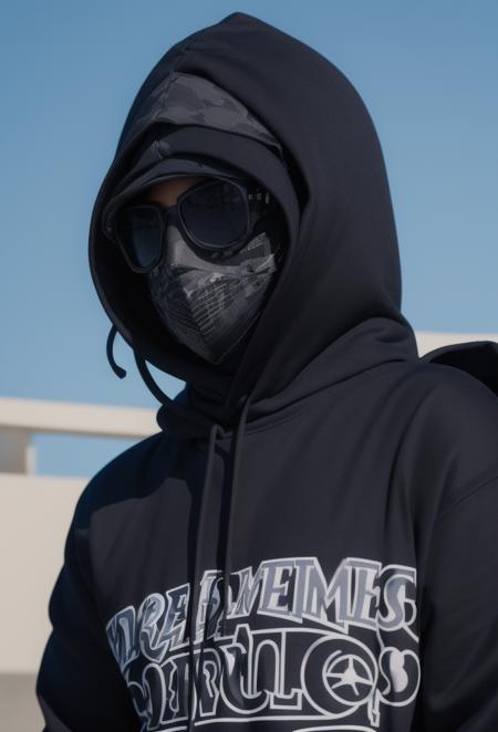 <lora:kekrav1:0.9> 1boy, hood, kekra, male focus, mask, hoodie, glove, long sleeve, realistic, shirt, solo, sunglasses, upper body