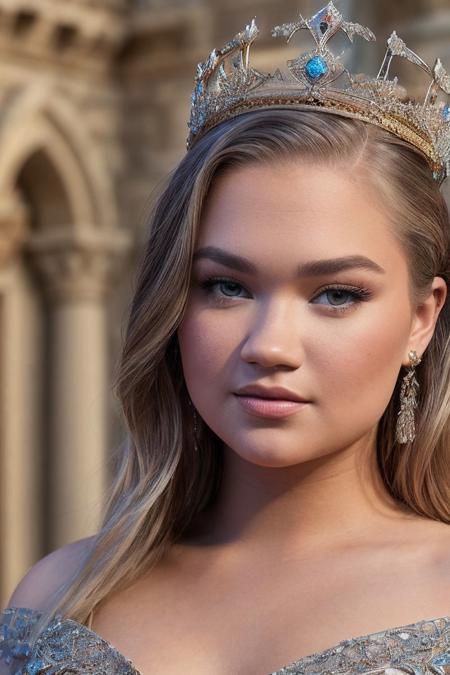 headshot of S240_HarleyKing,a gorgeous woman,in a (castle),wearing an (off-shoulder:1.1),(crown),(4k, RAW photo, best quality, depth of field, ultra high res:1.1),(absurdres, intricate, photorealistic, masterpiece, ultra-detailed:1.2),