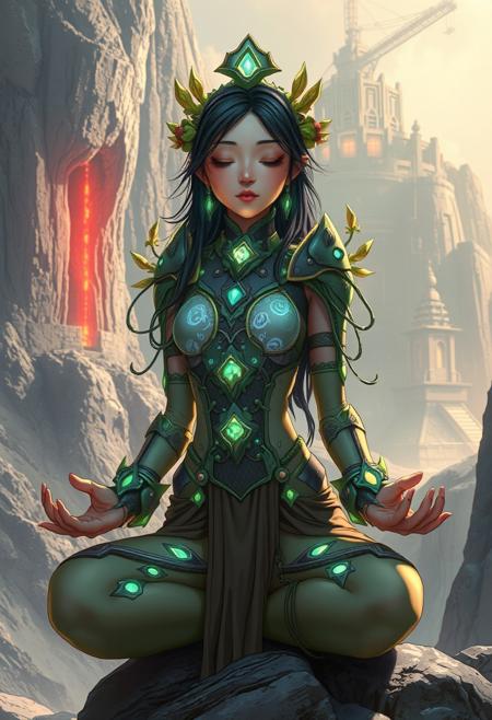 comic image of an asian female animation character in the style of Enki Bilal , Holographic and translucent elements , with Bio-engineered plant armor with bioluminescent vines outfit, Hovering just above the ground in meditation, Colossal alien fortress carved into the side of a mountain, Flashing warning lights in an emergency, graphic illustration, comic art, graphic novel art, vibrant, highly detailed, Highest-Quality, 4k, intricate details, visually stunning, Masterpiece