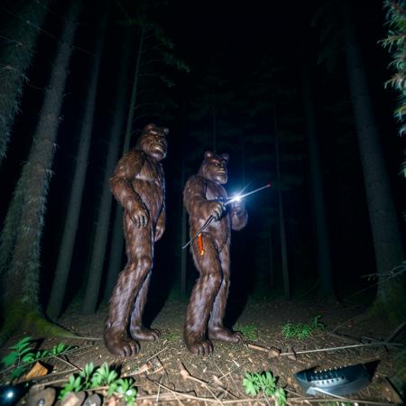 flashlight, night time, dark, dense forest, scary bigfoot holding a pocket knife, sasquatch, full body shot, film grain, Fujifilm X-H3,  far away, nightmare, brown fur, <lora:flashlight_v10:1>
