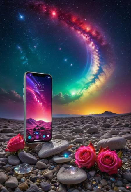 a starlit sky, a magical smartphone captures the essence of a vibrant rainbow, colorful roses, and sparkling crystal pebbles. This celestial device, bathed in the light of stars, shooting stars, a silver crescent moon, and the Milky Way, creates a dreamlike ambiance. It weaves a rich tapestry of colors, transitioning from vivid reds to deep purples, and spanning hues of pink, yellow, blue, and green.