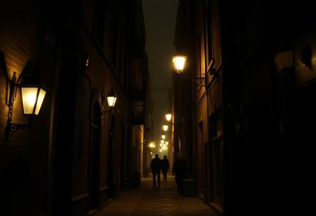 shadowy alley, dim street lamps flickering, footsteps echoing ominously, the alleyway is in the city of Alexandria in the 1900s