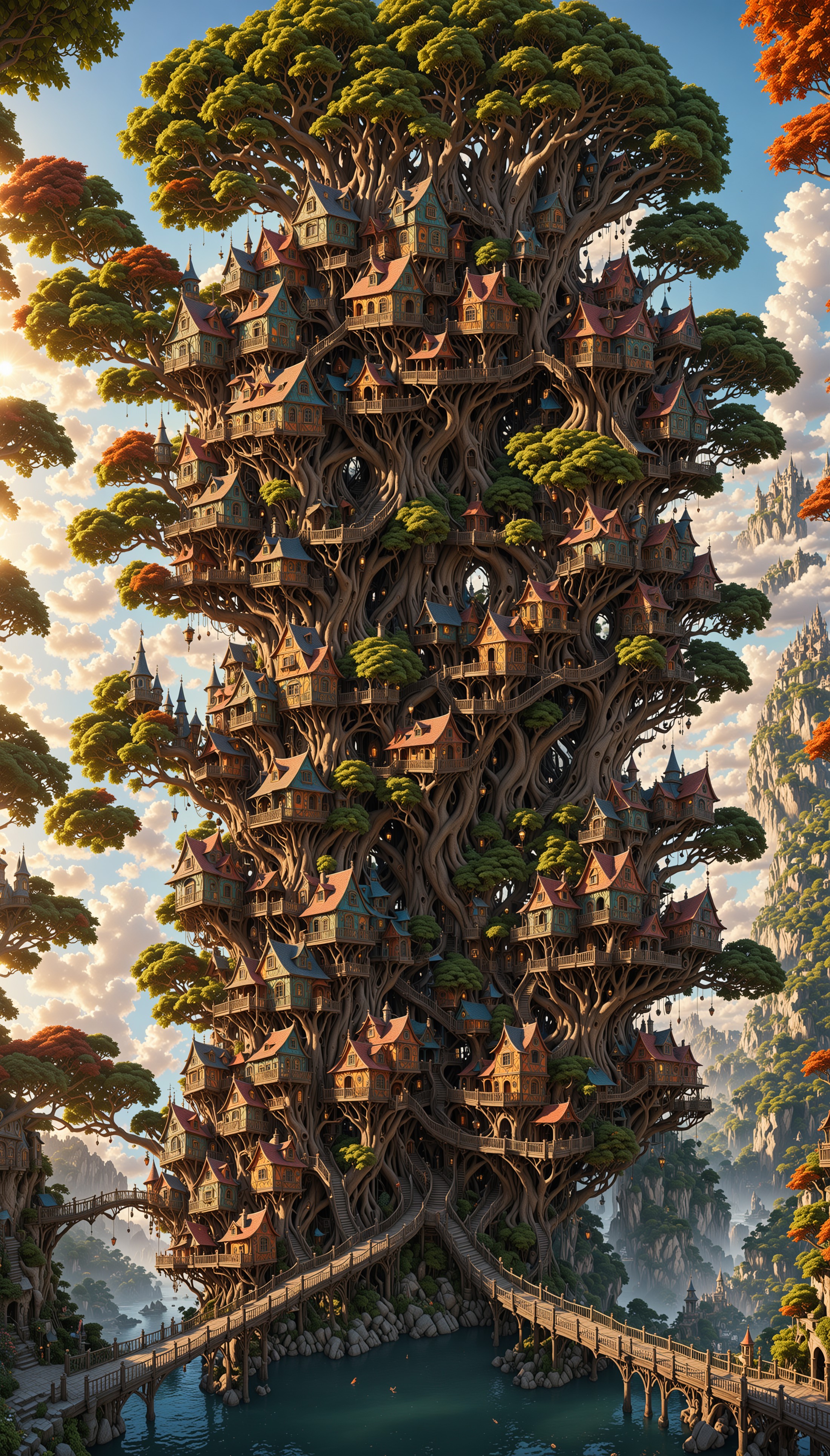 a wonderous and beautiful fantasy world with the Tree House Mansion Village, Multiple Bridges, sun, in the day, insanely d...