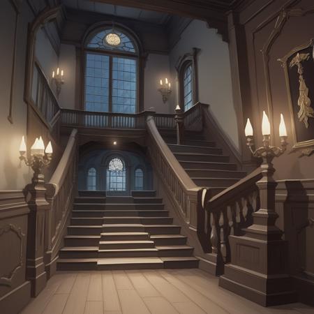 h4untedhouse  indoors, stairs, chandelier, window, night, spooky