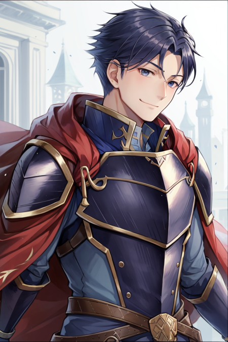 <lora:Hector_FE-10:0.8> hector fe, solo, smile, short hair, scenery, 1boy, closed mouth, male focus, cape, armor, portrait, white border, red cape