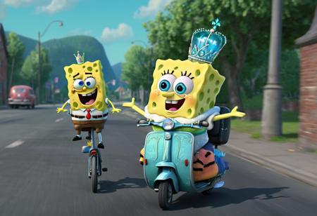 SpongeBob SquarePants is riding a scooter with Princess Elsa sitting on the back seat. Elsa is tightly hugging SpongeBob,her face pressed against his back. SpongeBob has a tired and apathetic expression,with a cigarette dangling from his mouth. The camera angle captures a side view of the scene,focusing on the characters and their expressions.,<lora:SDXLæå¶è¯¦ç»Lora:1>,æ´ä½ç»èOverallDetailXL,<lora:Ponyç»èè°è_DetailV2.0-Lora:1>,